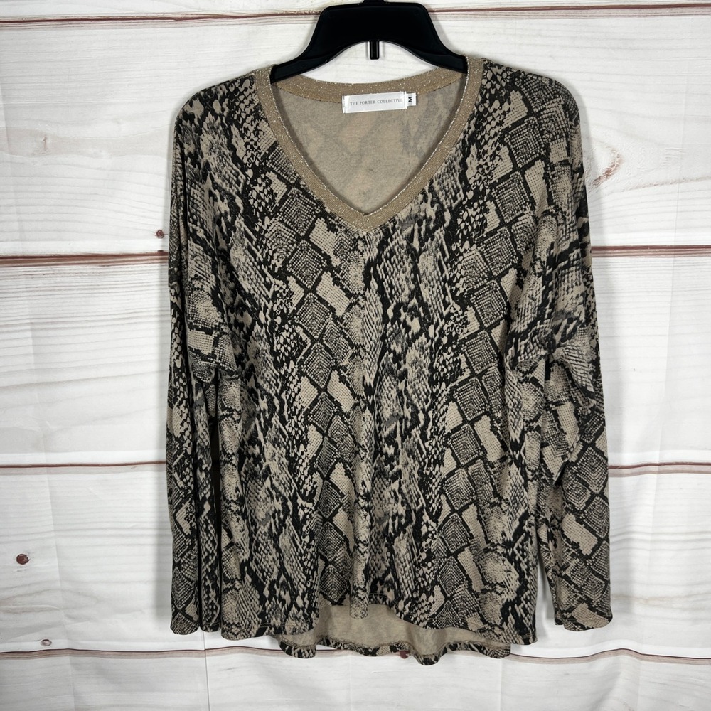 The Porter Collective V-Neck Sweater Womens M Tan Snakeskin Lurex Trim Pullover